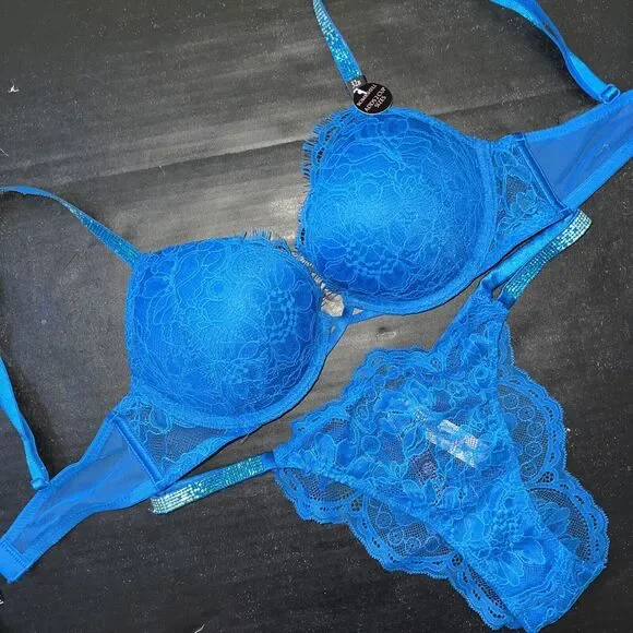 Victoria's Secret 32A,32B,32C BOMBSHELL BRA SET+GARTER NEON BLUE SHINE STRAP
